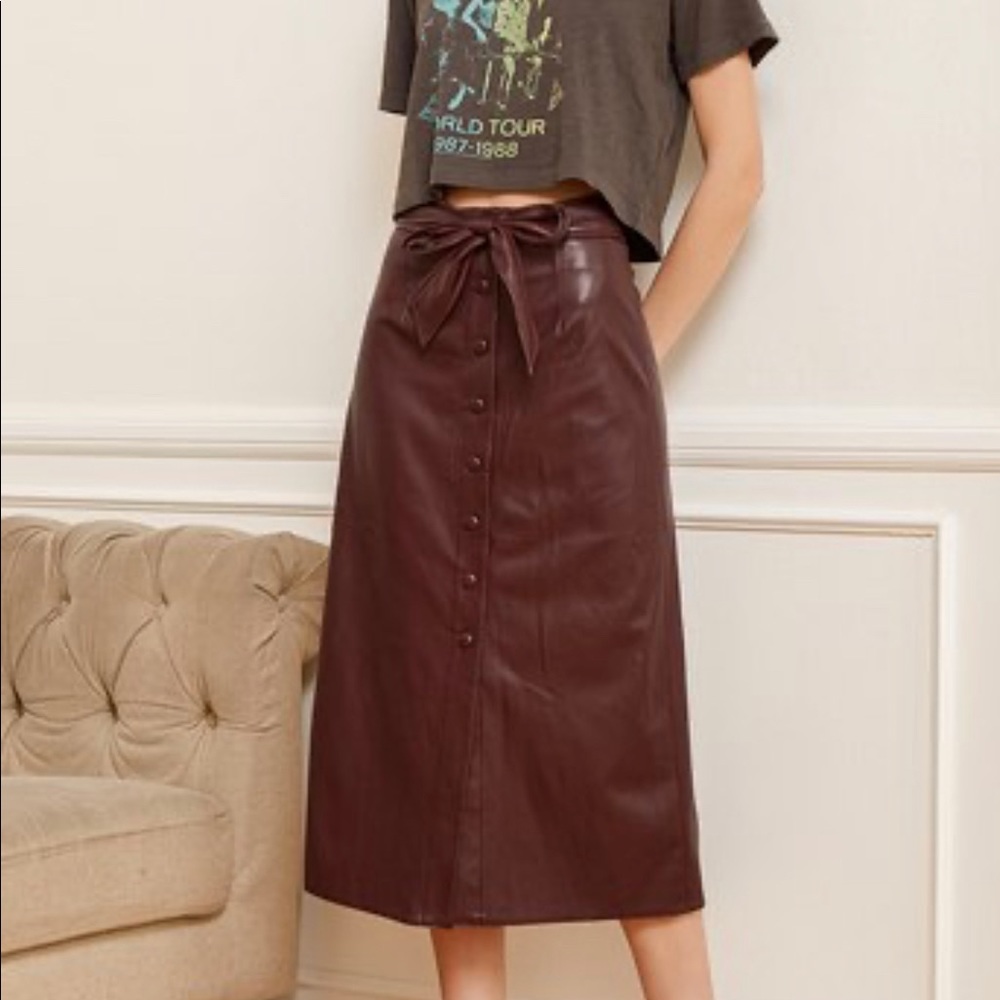 Simple Pleasures Burgundy Vegan Leather Button-Front Midi Skirt